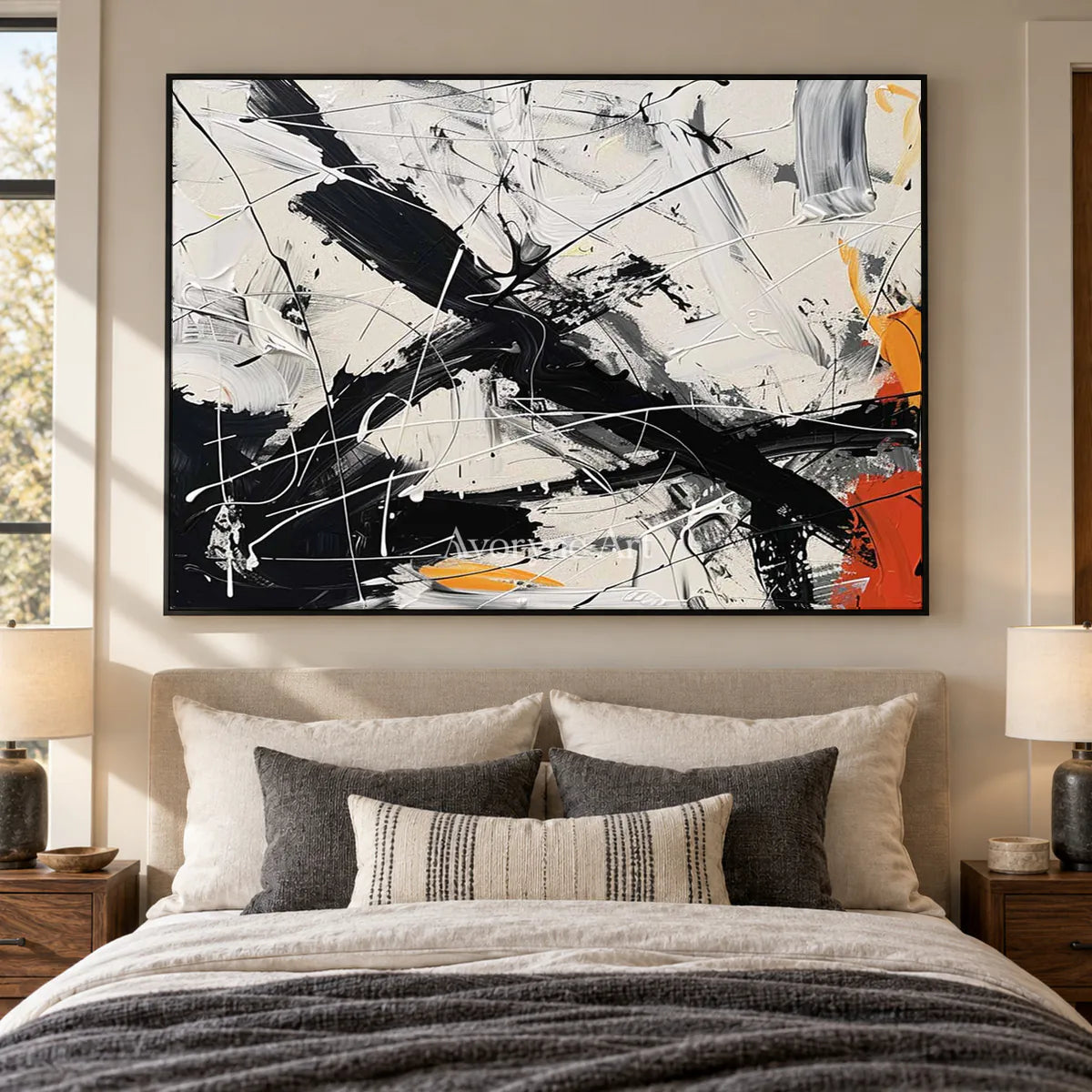Oblique Momentum: White Textured Abstract Wall Art with Black Gestures — bedroom black