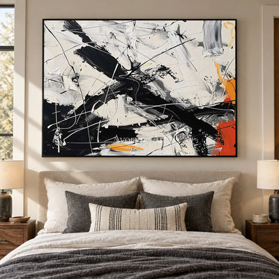 Oblique Momentum: White Textured Abstract Wall Art with Black Gestures — bedroom black