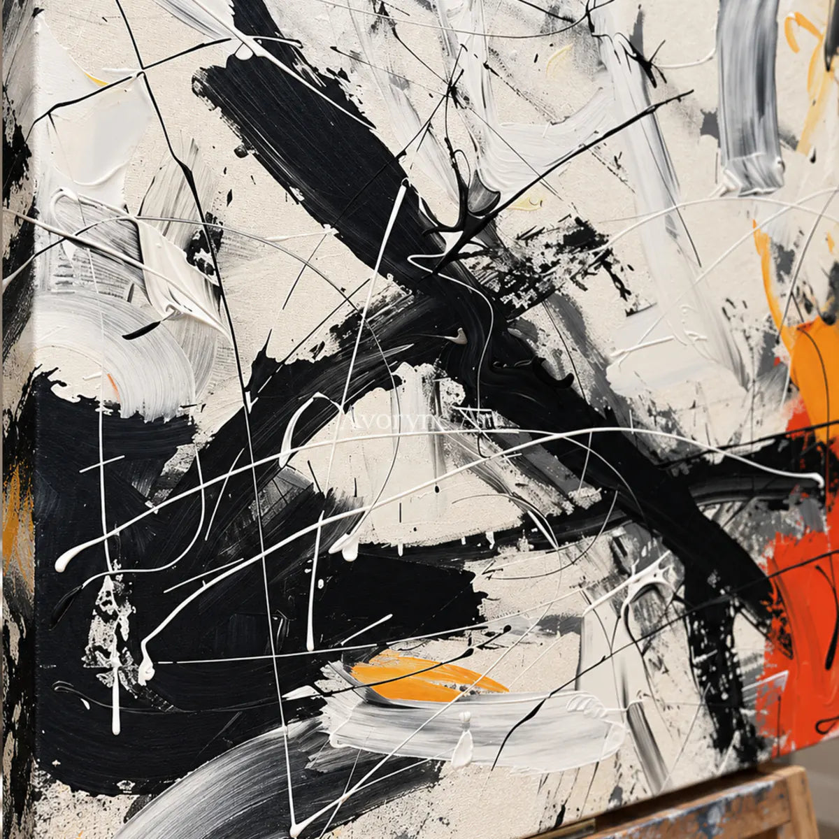 Oblique Momentum: White Textured Abstract Wall Art with Black Gestures — detail easel