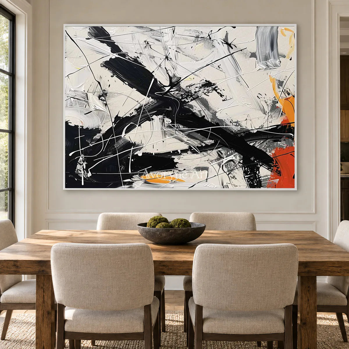 Oblique Momentum: White Textured Abstract Wall Art with Black Gestures — dining white