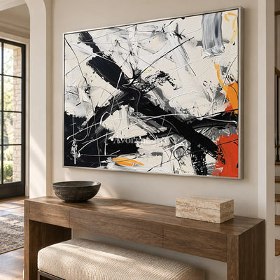 Oblique Momentum: White Textured Abstract Wall Art with Black Gestures — entry silver