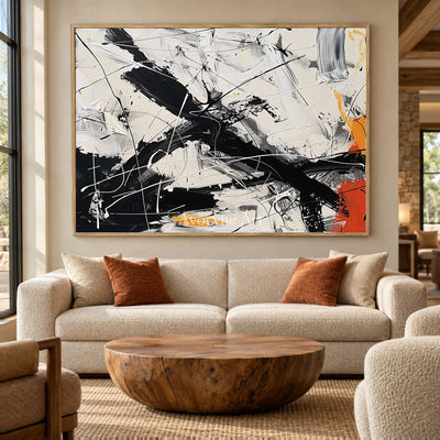 Oblique Momentum: White Textured Abstract Wall Art with Black Gestures — hotel wood