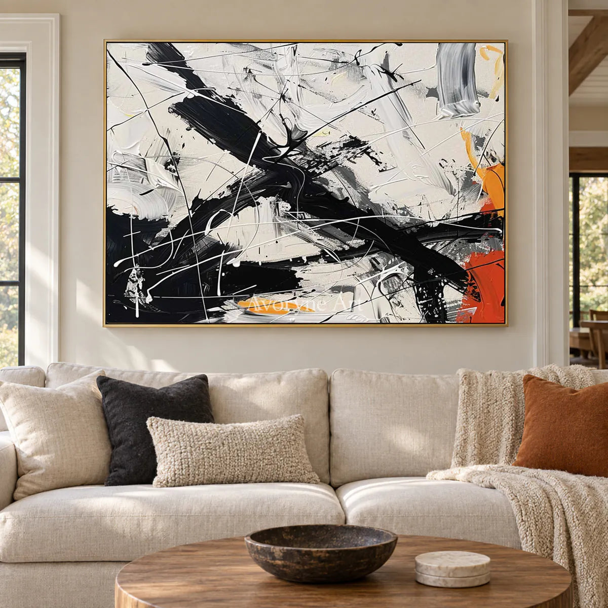 Oblique Momentum: White Textured Abstract Wall Art with Black Gestures — living gold