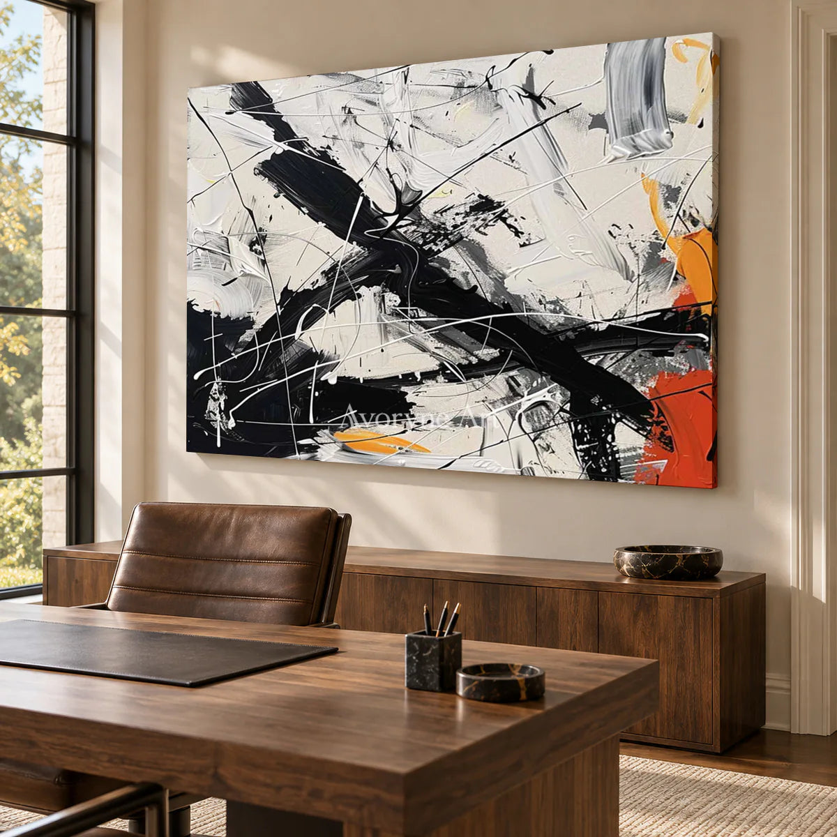 Oblique Momentum: White Textured Abstract Wall Art with Black Gestures — office frameless