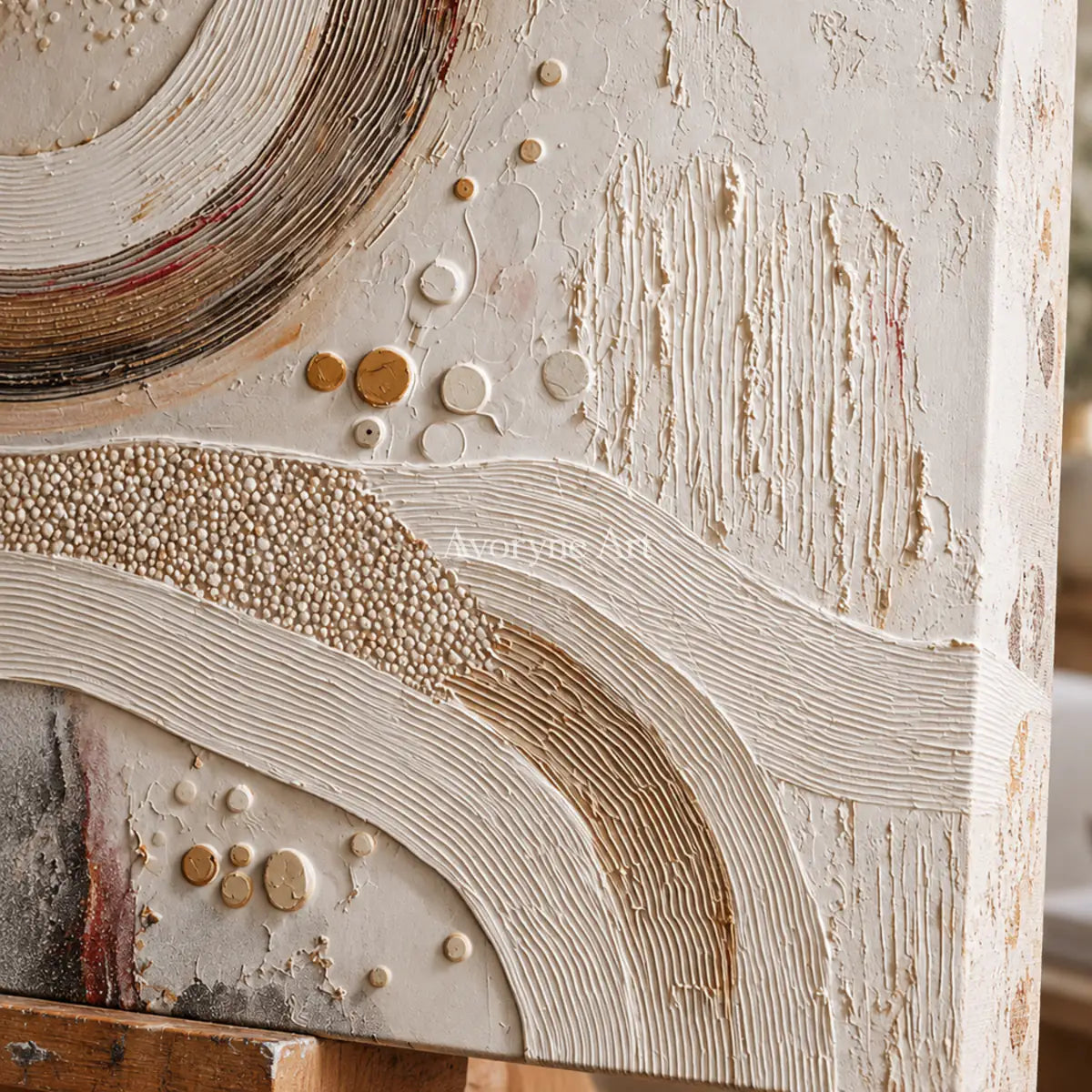 The Arc Returns: White Textured Abstract Wall Art with Curved Bands — detail easel
