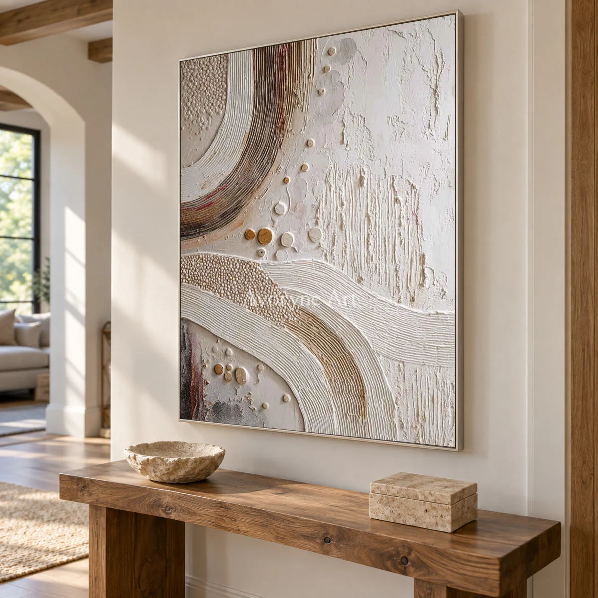 The Arc Returns: White Textured Abstract Wall Art with Curved Bands — entry silver