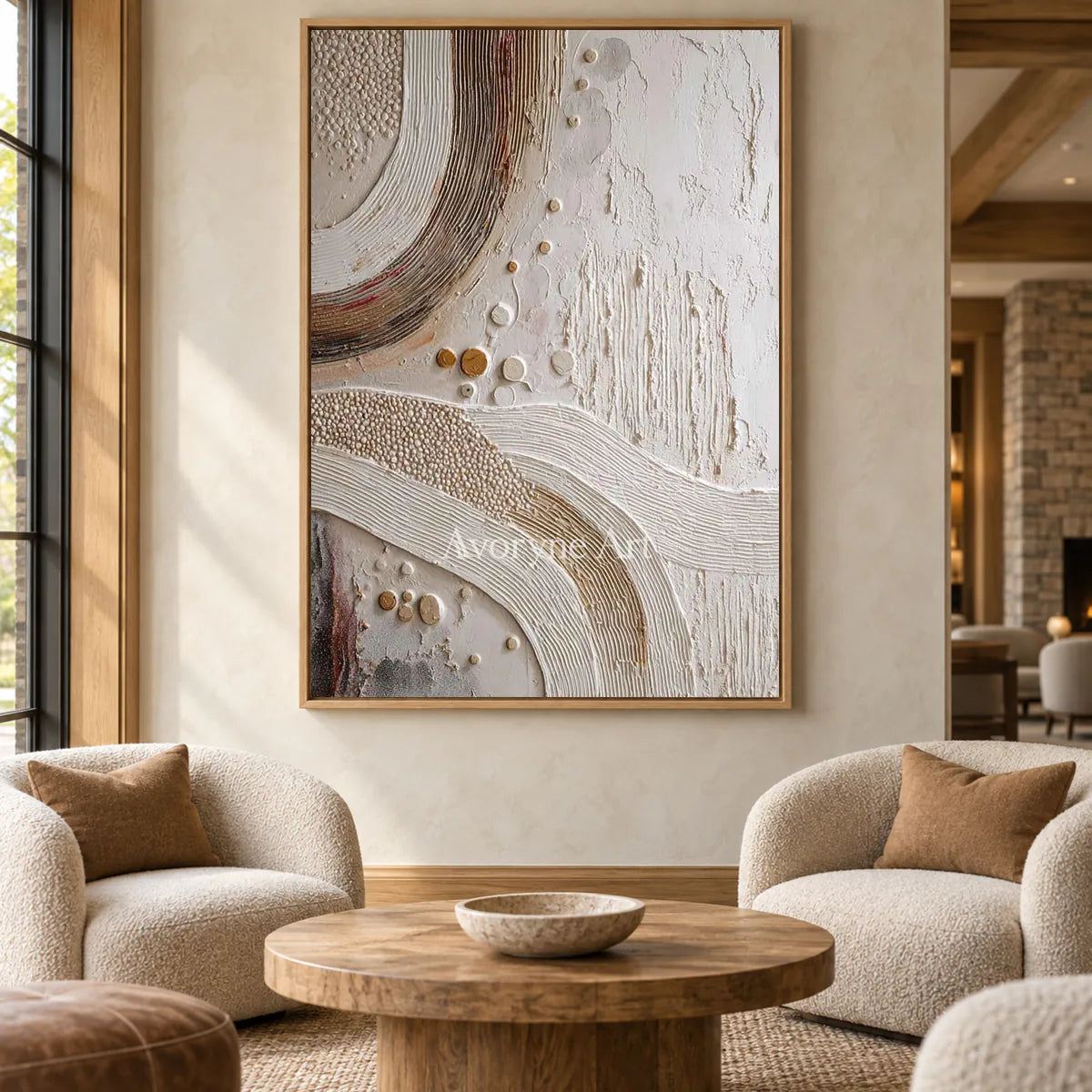 The Arc Returns: White Textured Abstract Wall Art with Curved Bands — hotel wood