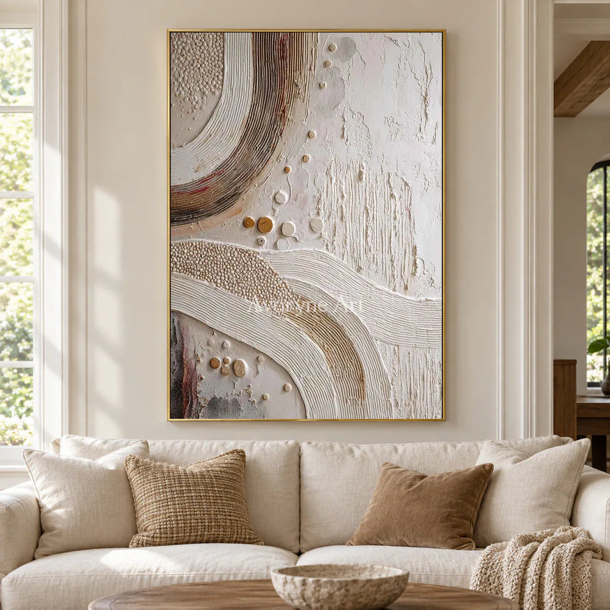The Arc Returns: White Textured Abstract Wall Art with Curved Bands — living gold