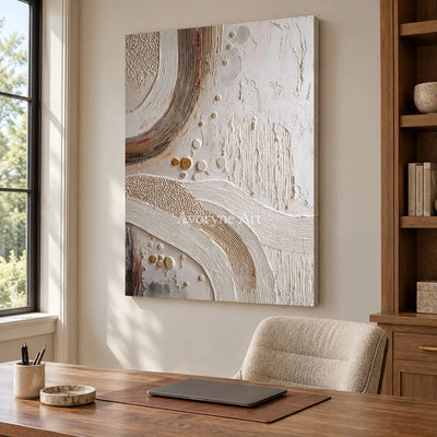 The Arc Returns: White Textured Abstract Wall Art with Curved Bands — office frameless