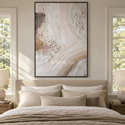 Ivory Arcs and Pearls: White Textured Abstract Wall Art with Curves and Dots — bedroom black