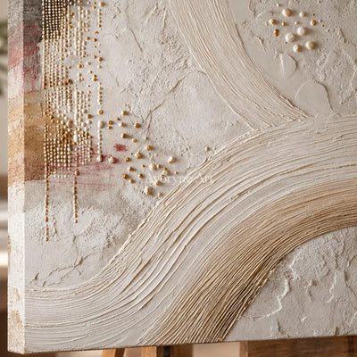 Ivory Arcs and Pearls: White Textured Abstract Wall Art with Curves and Dots — detail easel