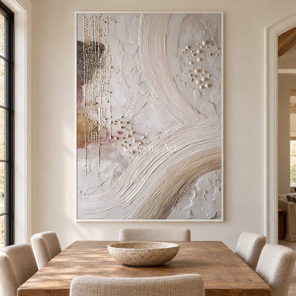 Ivory Arcs and Pearls: White Textured Abstract Wall Art with Curves and Dots — dining white