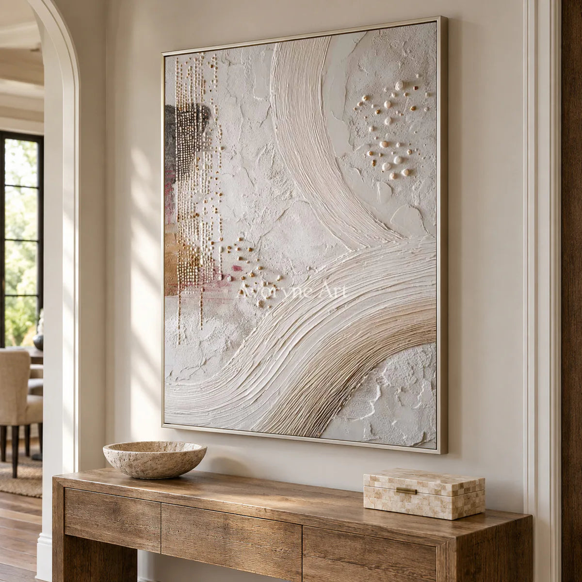 Ivory Arcs and Pearls: White Textured Abstract Wall Art with Curves and Dots — entry silver