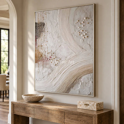 Ivory Arcs and Pearls: White Textured Abstract Wall Art with Curves and Dots — entry silver