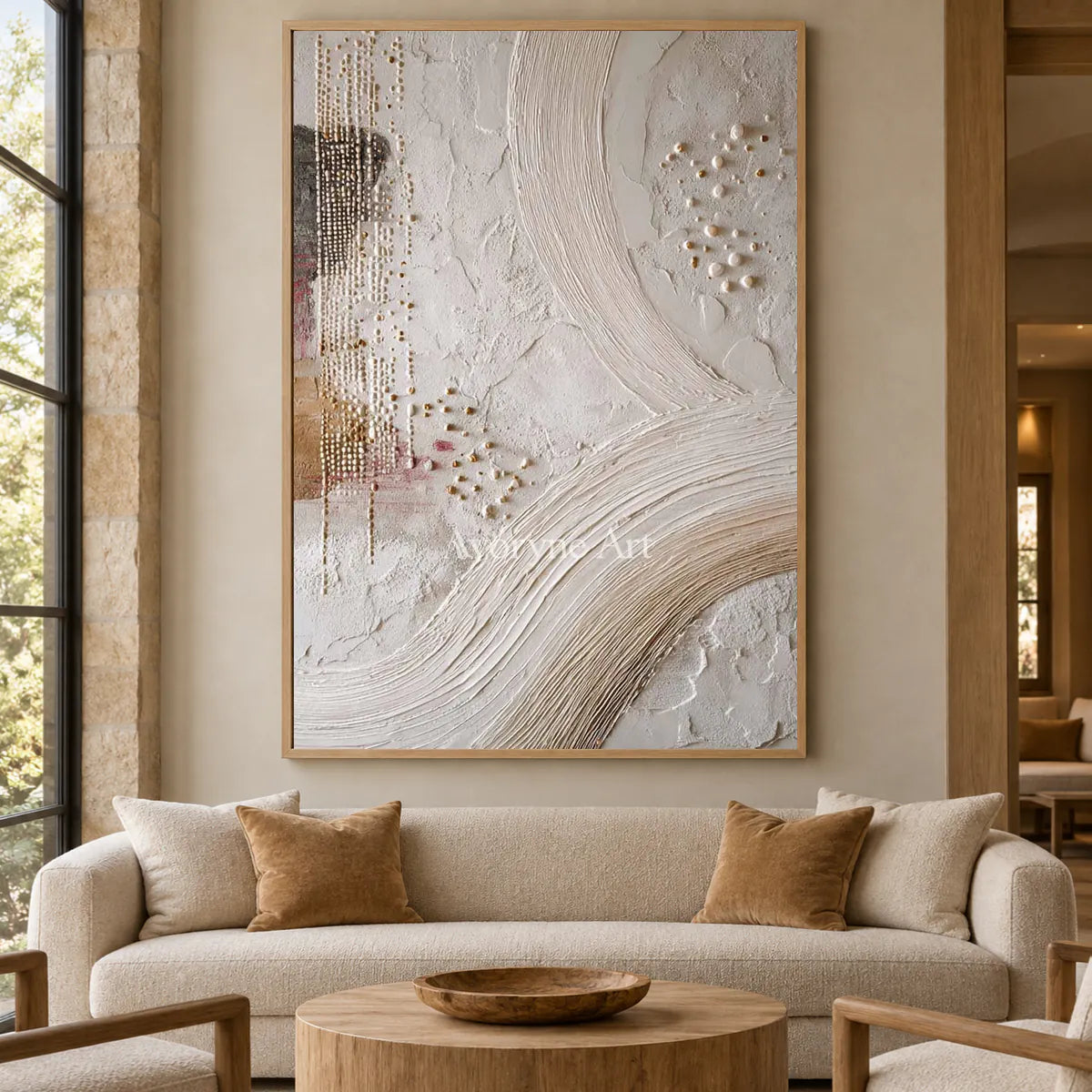 Ivory Arcs and Pearls: White Textured Abstract Wall Art with Curves and Dots — hotel wood