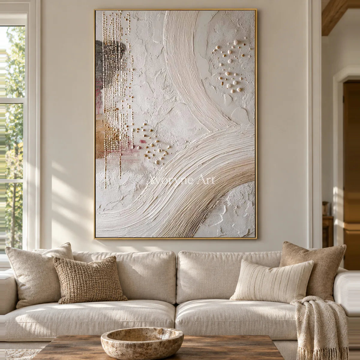 Ivory Arcs and Pearls: White Textured Abstract Wall Art with Curves and Dots — living gold