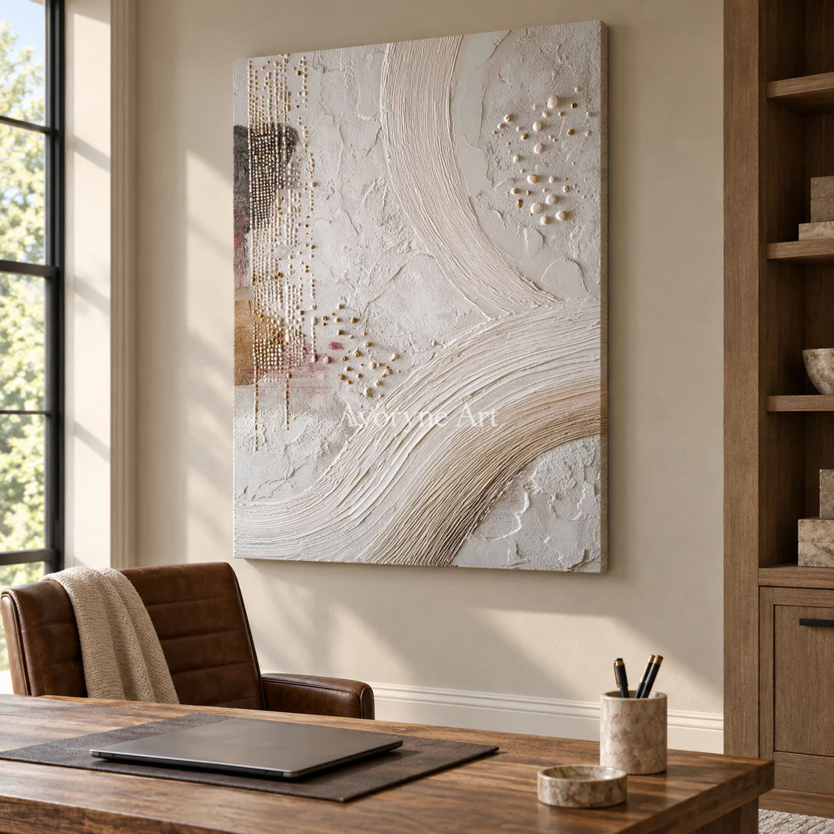 Ivory Arcs and Pearls: White Textured Abstract Wall Art with Curves and Dots — office frameless