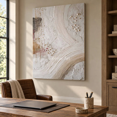 Ivory Arcs and Pearls: White Textured Abstract Wall Art with Curves and Dots — office frameless