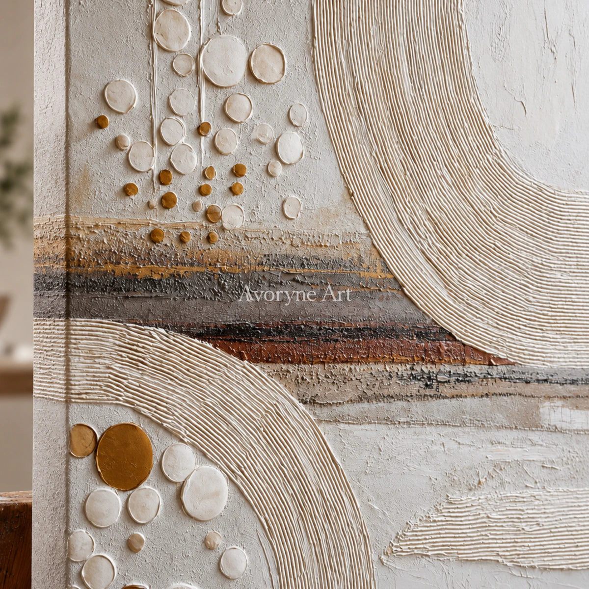 Circles Across Strata: White Textured Abstract Wall Art with Ridged Arcs — detail easel