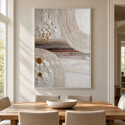 Circles Across Strata: White Textured Abstract Wall Art with Ridged Arcs — dining white