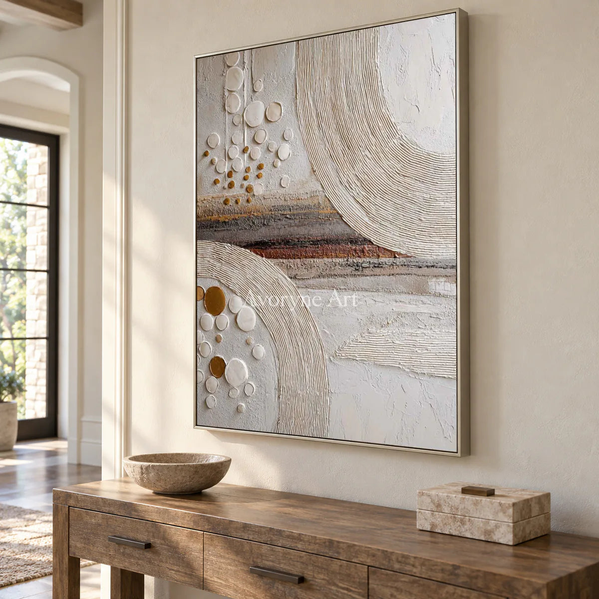 Circles Across Strata: White Textured Abstract Wall Art with Ridged Arcs — entry silver