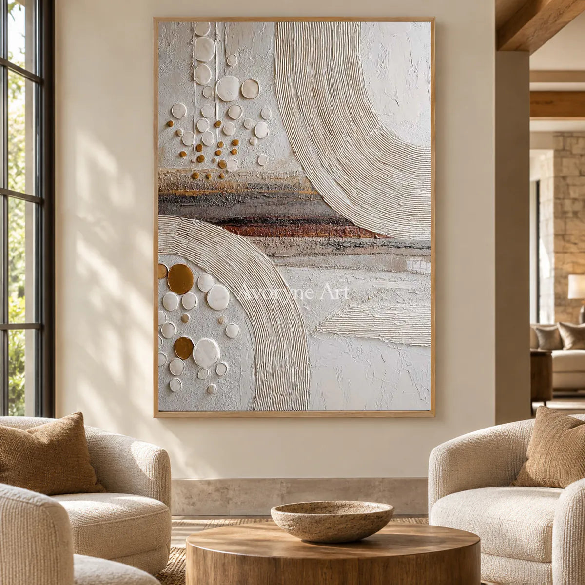 Circles Across Strata: White Textured Abstract Wall Art with Ridged Arcs — hotel wood