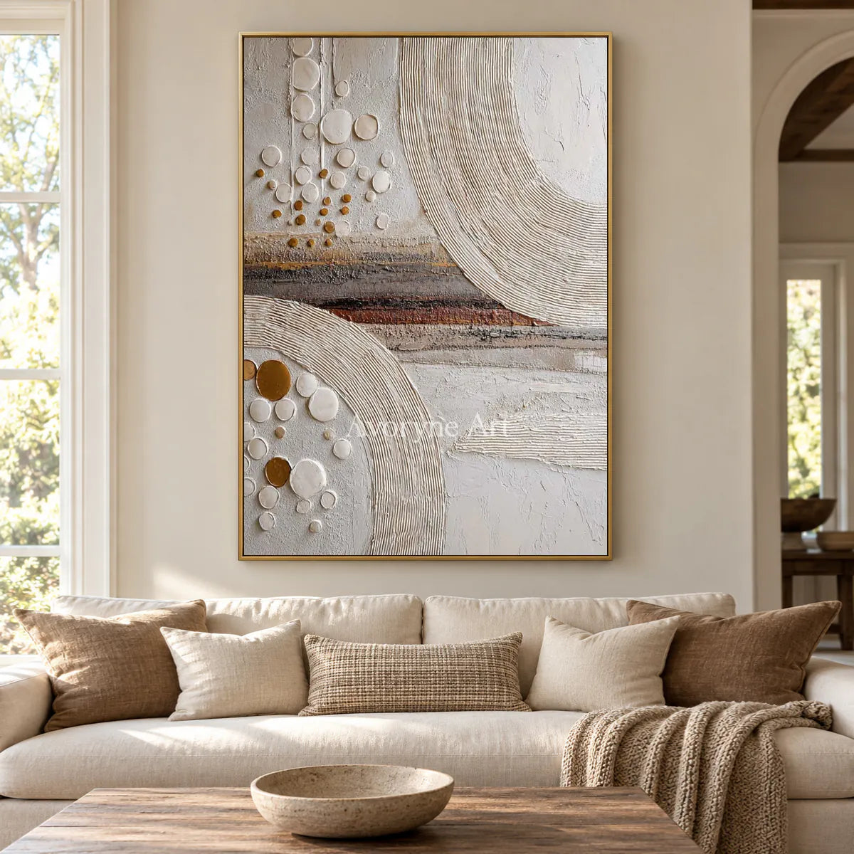Circles Across Strata: White Textured Abstract Wall Art with Ridged Arcs — living gold