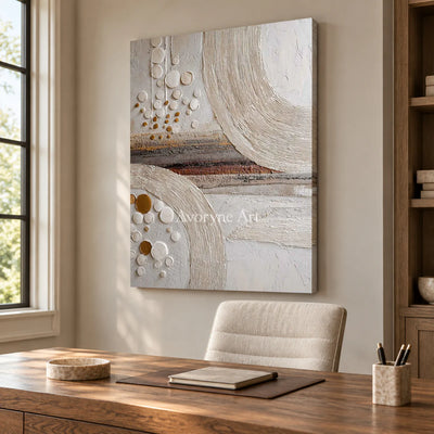 Circles Across Strata: White Textured Abstract Wall Art with Ridged Arcs — office frameless