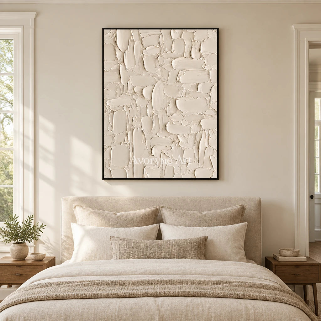 Ivory Mosaic: White Textured Blocks Wall Art — bedroom black