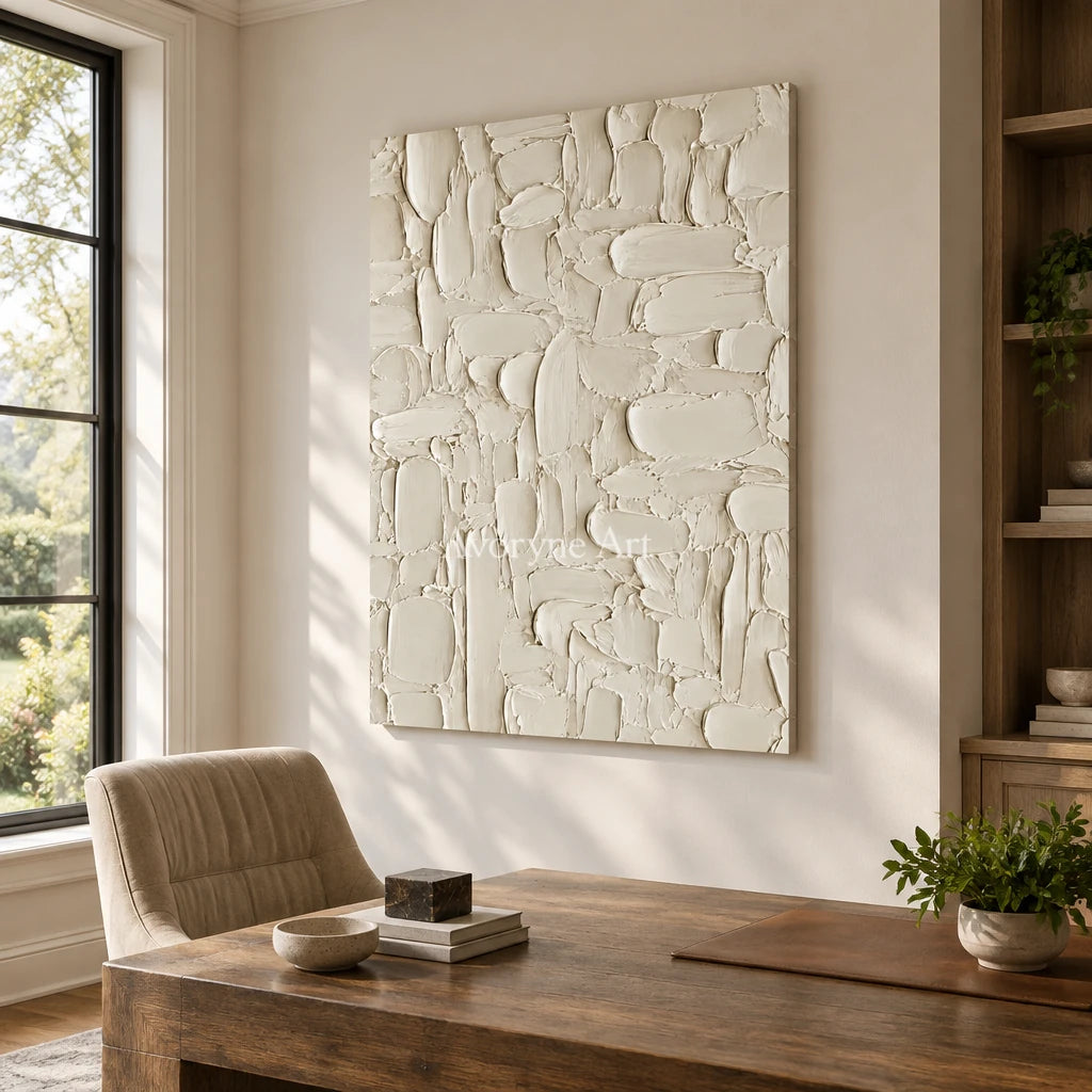 Ivory Mosaic: White Textured Blocks Wall Art — office frameless