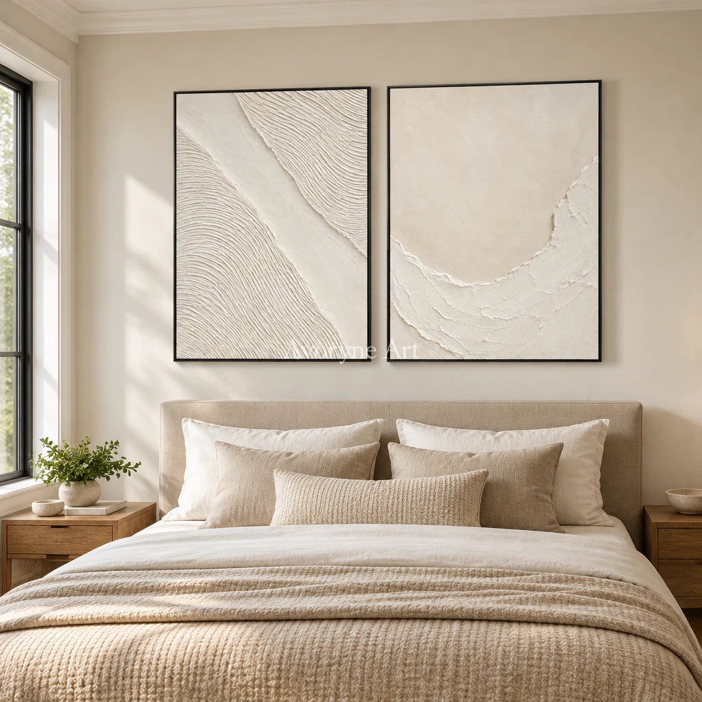 Ivory Driftways: White Textured Diptych Wall Art — bedroom black