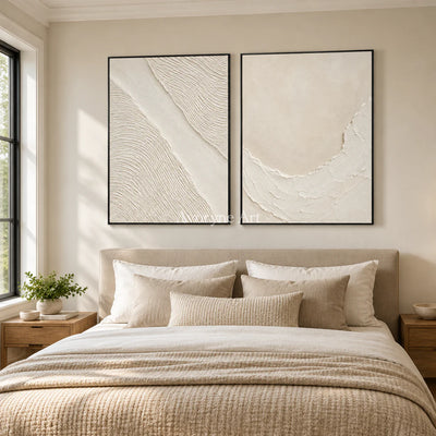 Ivory Driftways: White Textured Diptych Wall Art — bedroom black