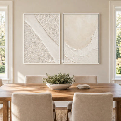 Ivory Driftways: White Textured Diptych Wall Art — dining white