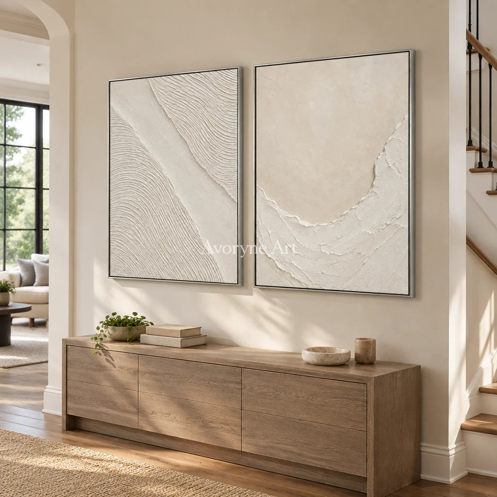 Ivory Driftways: White Textured Diptych Wall Art — entry silver