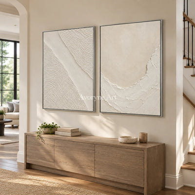 Ivory Driftways: White Textured Diptych Wall Art — entry silver