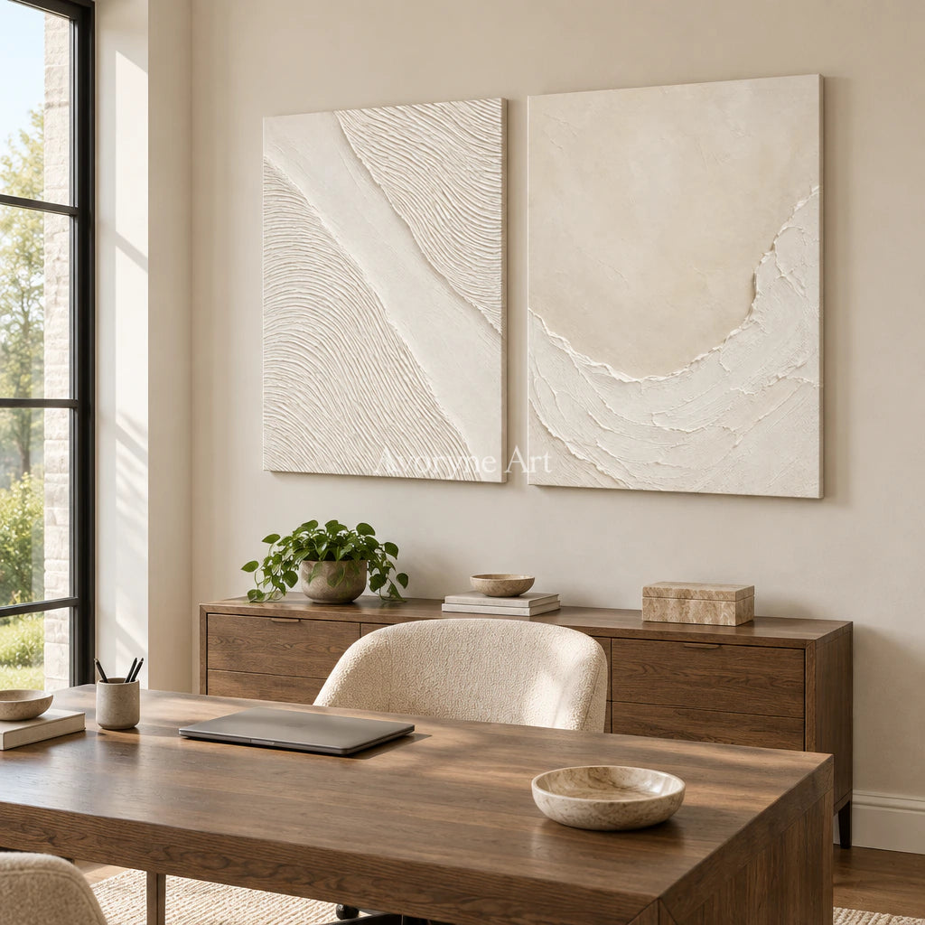 Ivory Driftways: White Textured Diptych Wall Art — office frameless