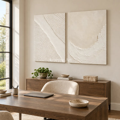 Ivory Driftways: White Textured Diptych Wall Art — office frameless