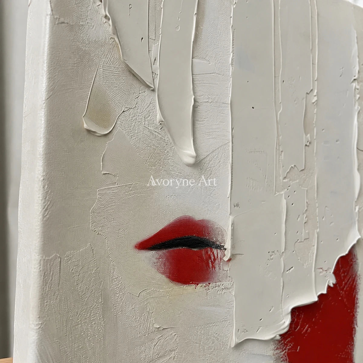 Vermilion Whisper: White Textured Portrait Wall Art — detail easel