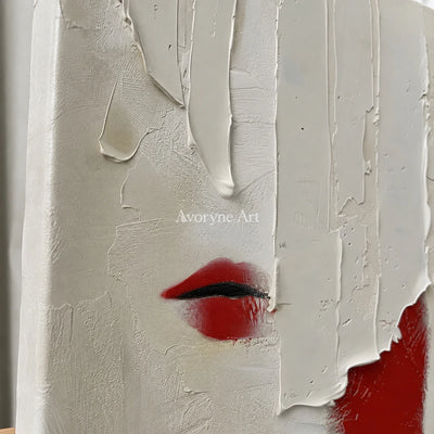 Vermilion Whisper: White Textured Portrait Wall Art — detail easel