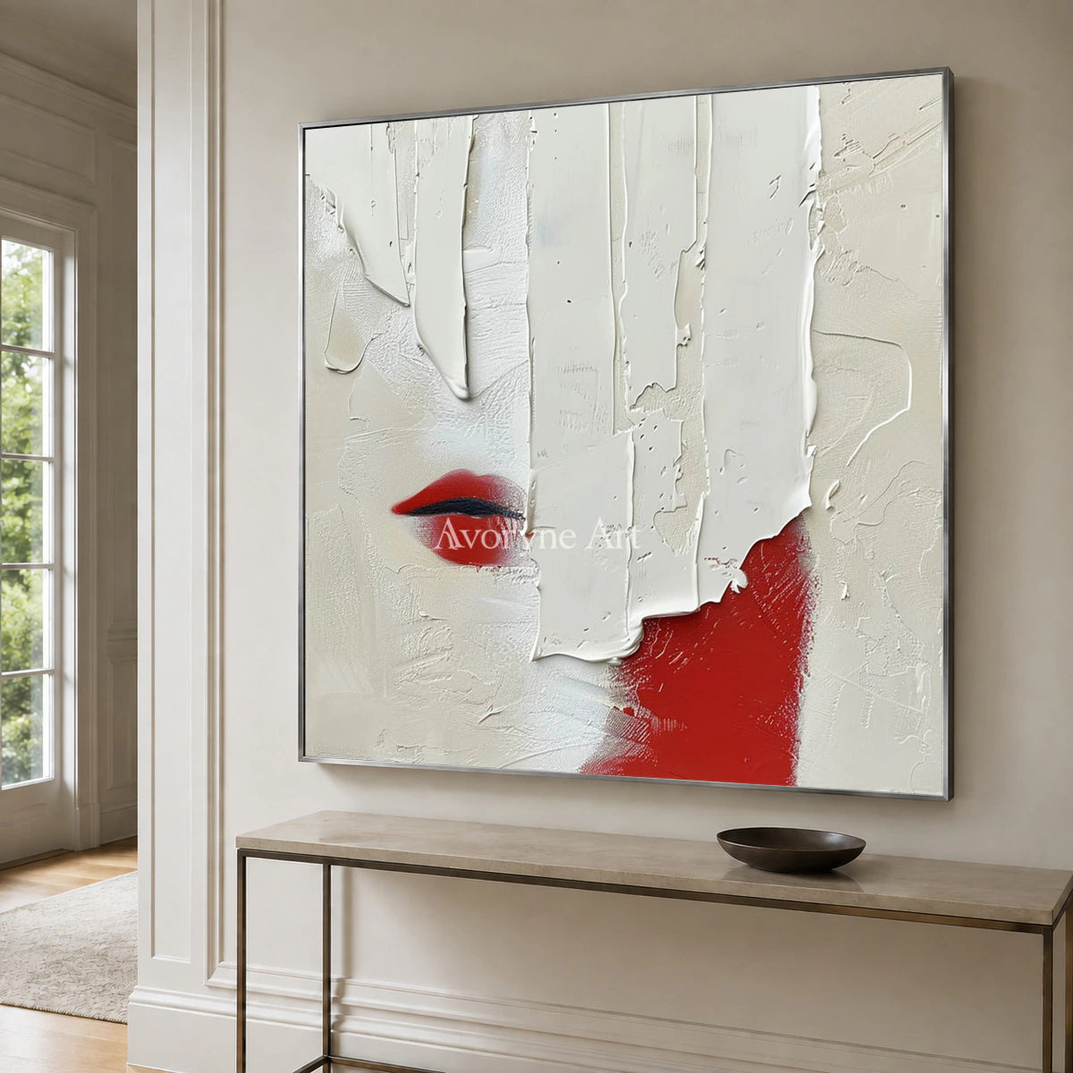 Vermilion Whisper: White Textured Portrait Wall Art — entry silver