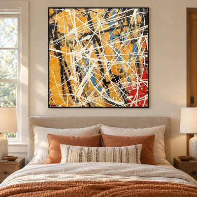 Saffron Velocity: Yellow and White Drip Abstract Wall Art — bedroom black