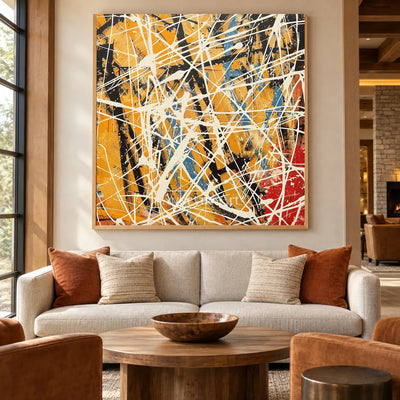 Saffron Velocity: Yellow and White Drip Abstract Wall Art — hotel wood