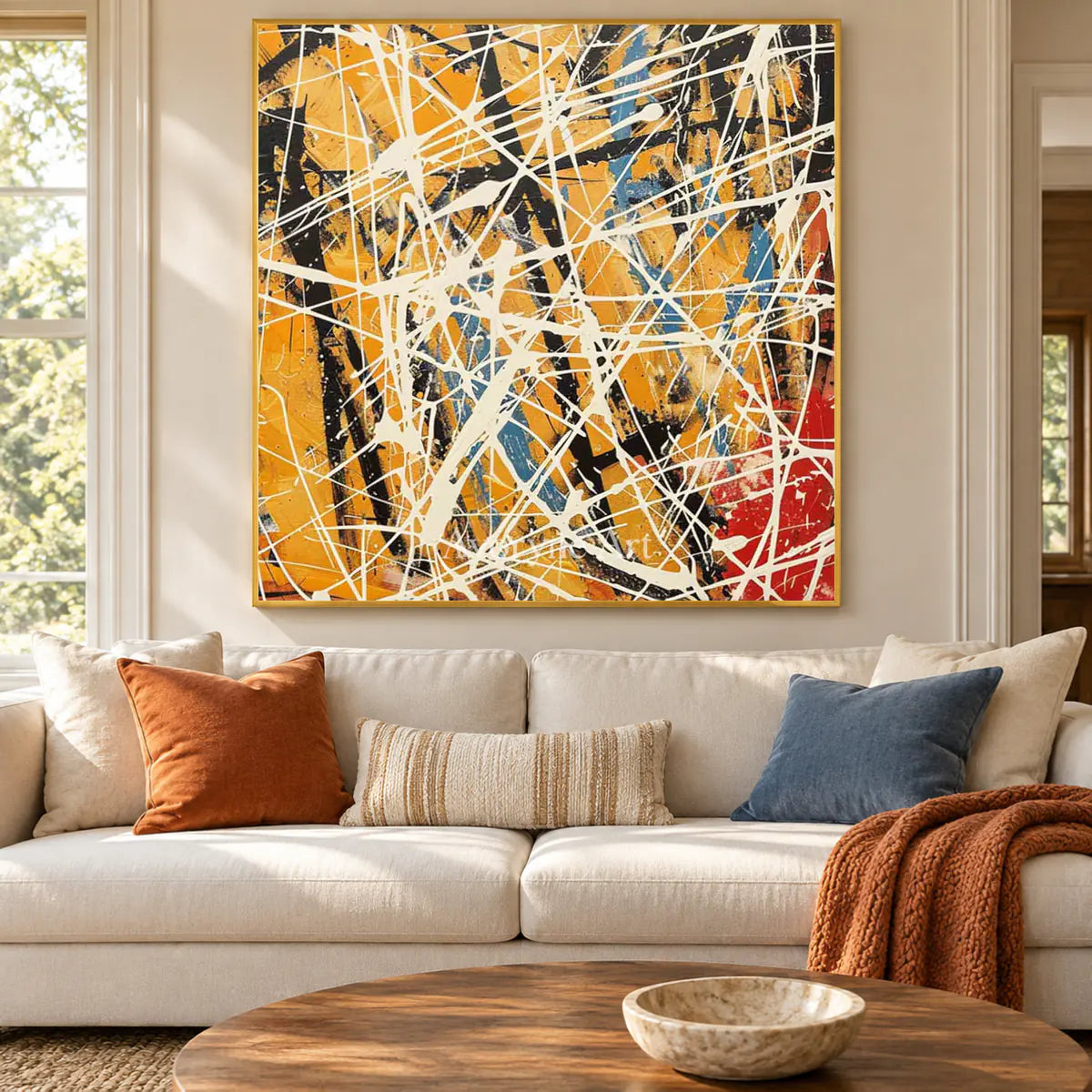 Saffron Velocity: Yellow and White Drip Abstract Wall Art — living gold
