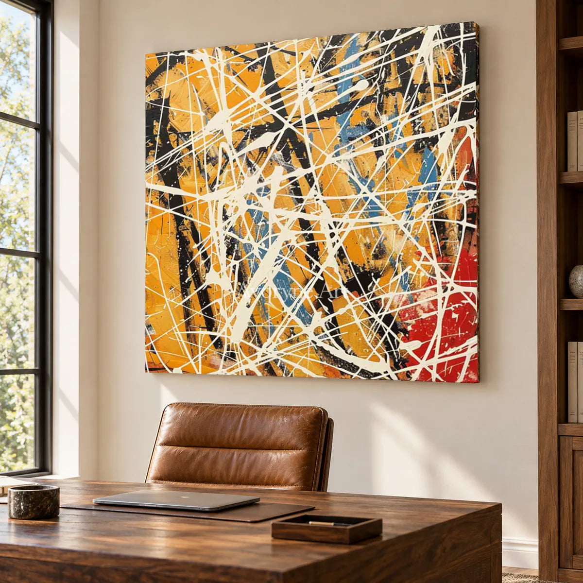 Saffron Velocity: Yellow and White Drip Abstract Wall Art — office frameless