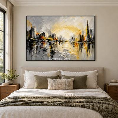 Luminous District: Yellow City Abstract Wall Art — bedroom black