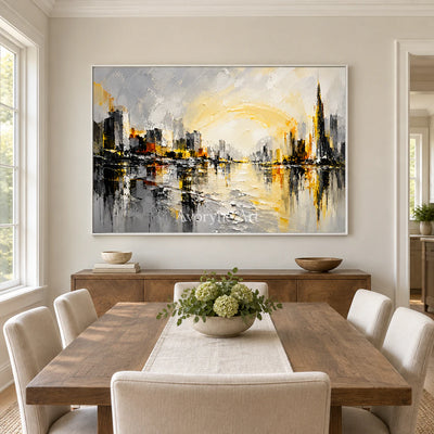 Luminous District: Yellow City Abstract Wall Art — dining white