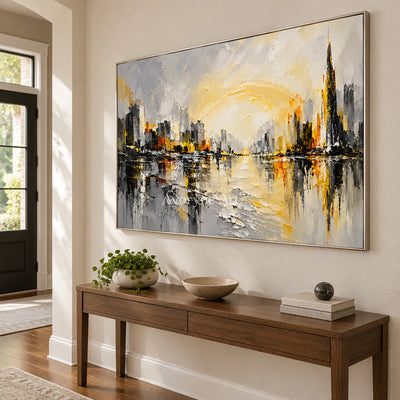 Luminous District: Yellow City Abstract Wall Art — entry silver