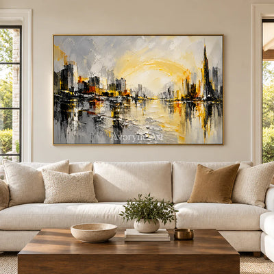 Luminous District: Yellow City Abstract Wall Art — living gold