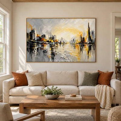 Luminous District: Yellow City Abstract Wall Art — villa wood