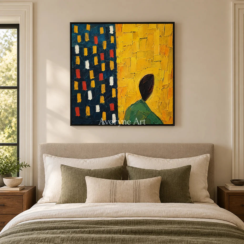 Golden Passage: Yellow Figure Abstract Wall Art — bedroom black